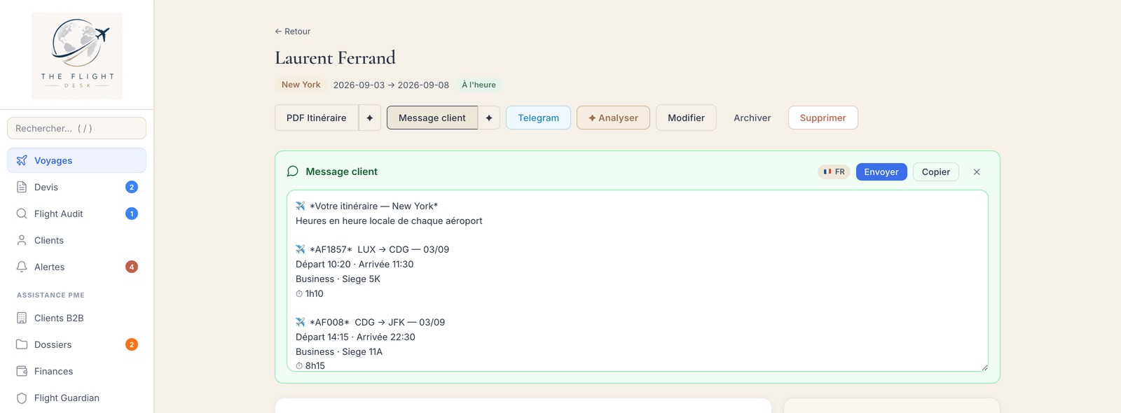 Le message client généré automatiquement à partir du dossier, prêt à relire et à envoyer.